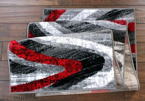 سجاد ماسادا، سجادة منطقة مجموعة ستيفاني بتصميم عصري معاصر 1107 أحمر رمادي أبيض أسود (2 قدم × 7 أقدام 3 بوصة) عداء in Kuwait