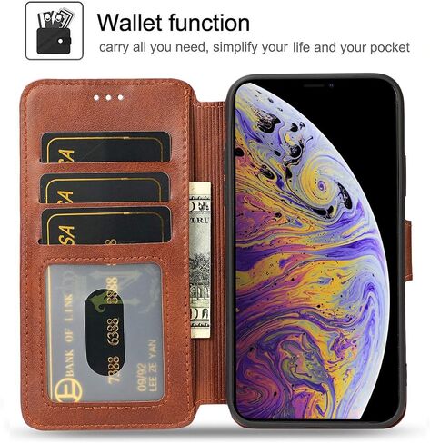 حافظة QLTYPRI لهاتف iPhone XR، حافظة محفظة بسيطة من جلد البولي يوريثان الفاخر [فتحات للبطاقات] [مسند] [إغلاق مغناطيسي] غطاء قلاب مقاوم للصدمات لهاتف iPhone XR - بني in Kuwait