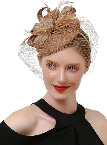قبعات فاسيناتورز للنساء، قبعة دائرية مع حجاب شبكي، ريش ديربي، عصابة رأس لحفلات الزفاف، مشبك شعر لحفلات الشاي، 20 ثانية 50 ثانية، W4-38-ذهبي in Kuwait