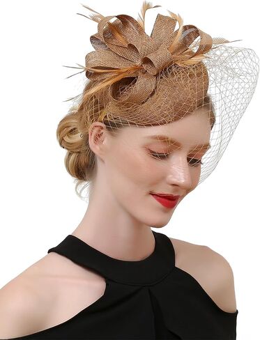 قبعات فاسيناتورز للنساء، قبعة دائرية مع حجاب شبكي، ريش ديربي، عصابة رأس لحفلات الزفاف، مشبك شعر لحفلات الشاي، 20 ثانية 50 ثانية، W4-38-ذهبي in Kuwait
