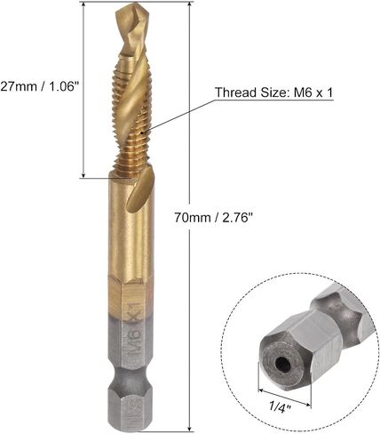 uxcell Combination Drill and Tap Bit, 1/4" Hex Shank M6 x 1 Metric Titanium Coated High Speed Steel 4341 Spiral Flute Drilling Tapping Tool Extra Long in Saudi Arabia
