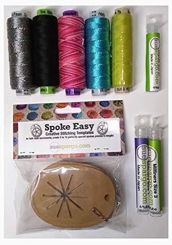 Sue Spargo Basics Sampler Pack for Applique - 1 Spool Each of Ellana, Eleganza s5, Eleganza s8, Razzle, Dazzle Threads; 3 Types of Needles; and one Spoke Easy Template in Saudi Arabia