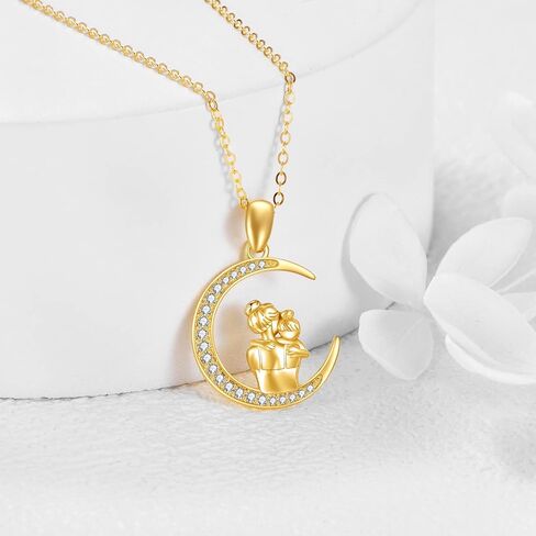 Mom Necklace Gifts 14K Gold Mother Hold Daughter Crescent Moon Pendant Necklace Jewelry Mothers Day Birthday Gifts for Mother from Daughter in Saudi Arabia