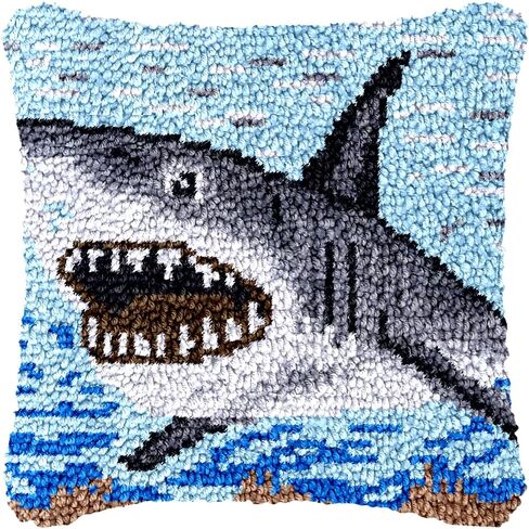 Shark Latch Hook Pillow Kits for Beginner Needle Crochet Yarn Kits with Stamped Canvas Embroidery Cushion Hook and Latch Throw Pillow Christmas Decoration 43x43cm in Saudi Arabia