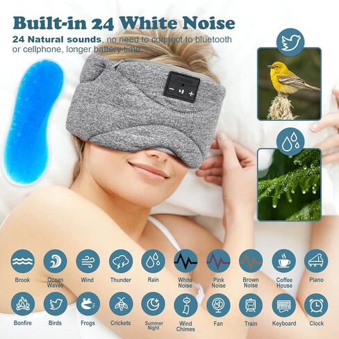 قناع النوم مع سماعات رأس بلوتوث 24 ضوضاء بيضاء، مكبر صوت رفيع للغاية حزمة باردة تعتيم قناع العين بلوتوث سماعات رأس للنوم للنوم الجانبي، الطائرة، السفر، أدوات رائعة للنساء والرجال (أرجواني) in Kuwait