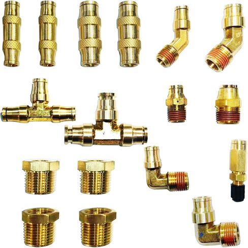 DOT النحاس دفع لتوصيل التركيبات 1/4 "طقم تركيبات خط الهواء NPT تركيبات خرطوم الهواء ضغط اتحاد الفرامل الهوائية في التركيبات DOT Air Fittings Brass Union Air Brake Repair 18pcs in Kuwait