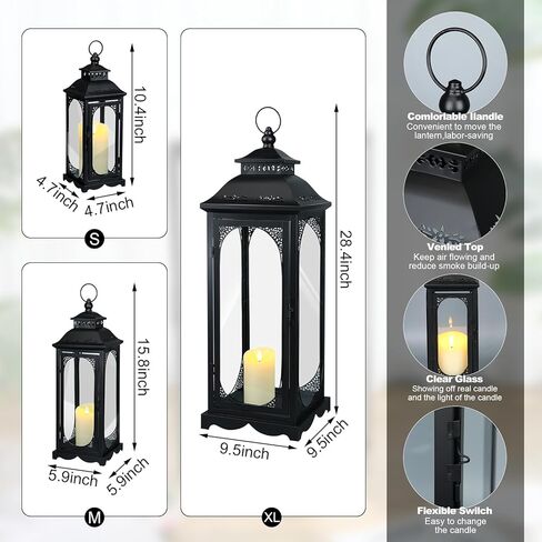 Mifoci Jumbo فوانيس زخرفية معدنية سوداء مع لوحة زجاجية شفافة، فانوس الإعصار، شمعة فانوس للديكور المنزلي والحفلات والمناسبات على سطح الطاولة والشرفة الأمامية والتعليق على الحائط في الأماكن المغلقة والخارجية (قطعتان، 24 بوصة) in Kuwait
