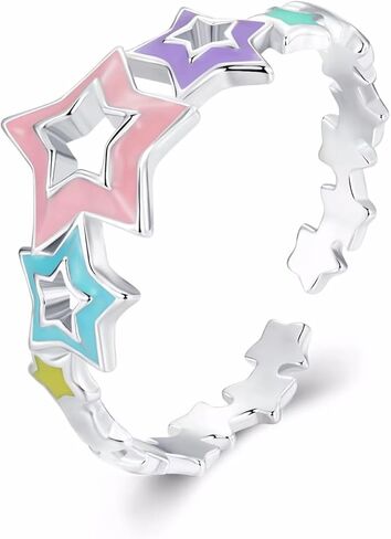 خاتم نجوم قوس قزح للنساء، 925 فضة استرليني قابل للتعديل خاتم ملون المينا خاتم مفتوح هدية للنساء المراهقات الفتيات هدية محاصر in Kuwait