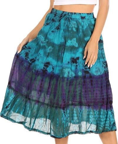 Sakkas Antonia Women's Skirt Tie Dye Boho Elastic Waist Adjustable Embroidery in Saudi Arabia