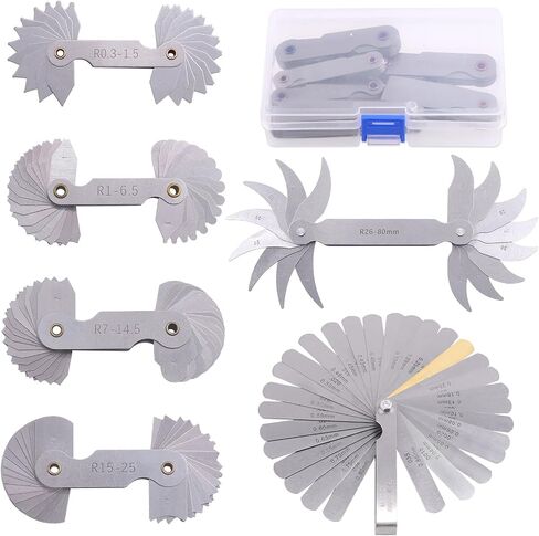 6Pcs Stainless Steel Feeler Gauge and Radius Gauge Set, 5Pcs R0.3-1.5/ R1-6.5/ R7-14.5/ R15-25/ R25-50 Radius Fillet Gauge with 32 Blades 0.04-0.88 mm Metric and Imperial Gap Measuring Tool in Saudi Arabia