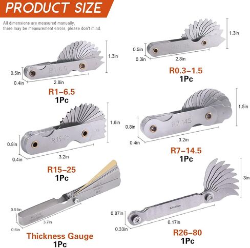 6Pcs Stainless Steel Feeler Gauge and Radius Gauge Set, 5Pcs R0.3-1.5/ R1-6.5/ R7-14.5/ R15-25/ R25-50 Radius Fillet Gauge with 32 Blades 0.04-0.88 mm Metric and Imperial Gap Measuring Tool in Saudi Arabia