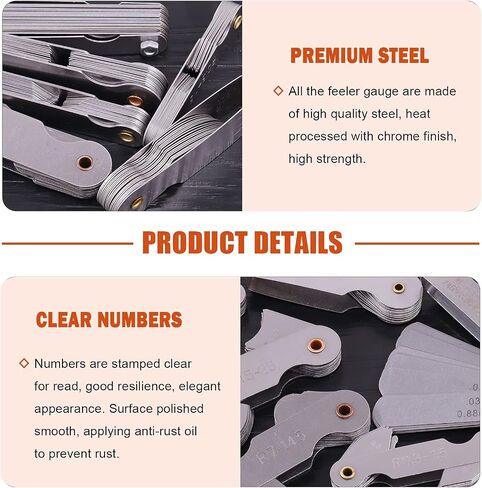6Pcs Stainless Steel Feeler Gauge and Radius Gauge Set, 5Pcs R0.3-1.5/ R1-6.5/ R7-14.5/ R15-25/ R25-50 Radius Fillet Gauge with 32 Blades 0.04-0.88 mm Metric and Imperial Gap Measuring Tool in Saudi Arabia