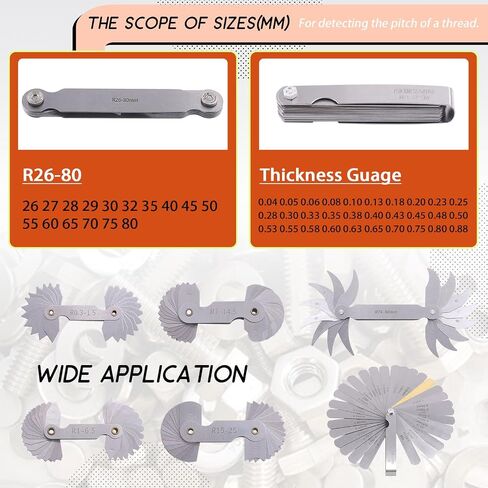 6Pcs Stainless Steel Feeler Gauge and Radius Gauge Set, 5Pcs R0.3-1.5/ R1-6.5/ R7-14.5/ R15-25/ R25-50 Radius Fillet Gauge with 32 Blades 0.04-0.88 mm Metric and Imperial Gap Measuring Tool in Saudi Arabia