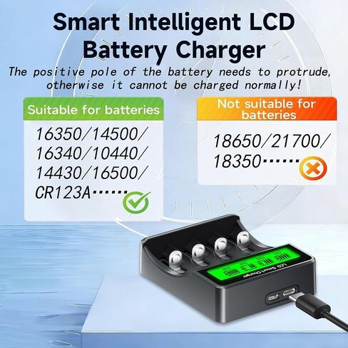 3.7V Rechargeable Battery Charger for CR123A, 16340, 16500, 10400, 14430, 14500, 3.7V Batteries, for Arlo VMC3030 VMK3200 VMS3330 3430 3530 Camera Battery | USB 5V/2A Input, 4 Slot Independent Slots in Saudi Arabia