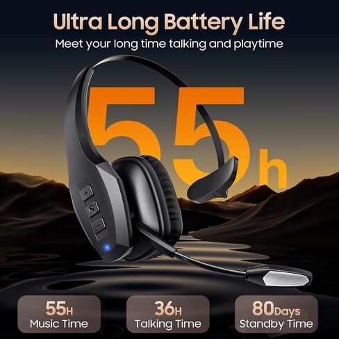Trucker Bluetooth Headset, Wireless Headset with Mic, Bluetooth Headsets with Dual Noise Cancelling Microphone & Mute Button, 55Hrs Working Time PC Headsets for Cell Phones, Computer, Truck Driver in Saudi Arabia
