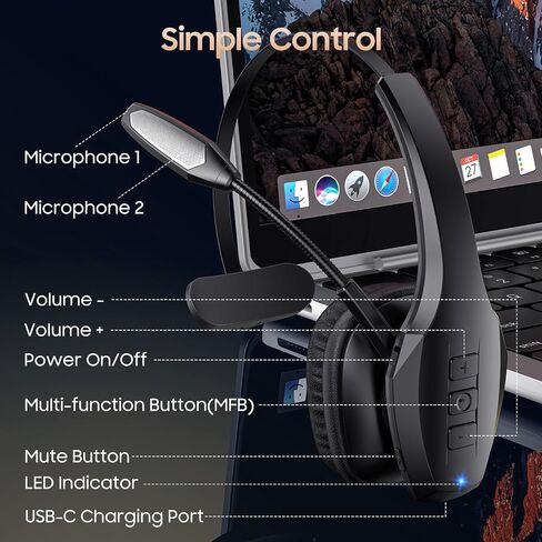 Trucker Bluetooth Headset, Wireless Headset with Mic, Bluetooth Headsets with Dual Noise Cancelling Microphone & Mute Button, 55Hrs Working Time PC Headsets for Cell Phones, Computer, Truck Driver in Saudi Arabia