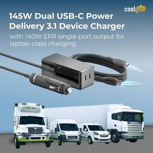 Coolgear 145W Dual USB-C Car Charger - PD 3.1 EPR Type C Vehicle Charger with 140W Laptop Charging, Mountable Flanges and 12V to 24V Plug for Trucks, Fleet Vans and Mobile Workstations in Kuwait