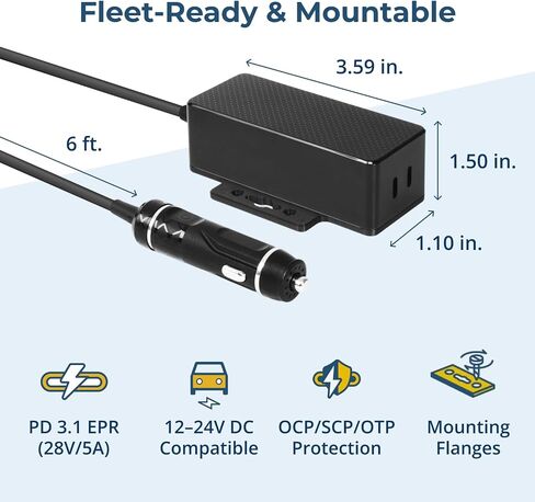 Coolgear 145W Dual USB-C Car Charger - PD 3.1 EPR Type C Vehicle Charger with 140W Laptop Charging, Mountable Flanges and 12V to 24V Plug for Trucks, Fleet Vans and Mobile Workstations in Kuwait