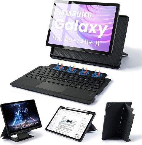 Smart Trackpad Keyboard Case for Samsung 11-inch Tab A11 Plus/ A9 Plus, Rotatable, Detachable, 160° Adjustable Stand, 7-Colors Backlit Keyboard Case for Galaxy A11+/ A9+, Portrait/Landscape, Black in Kuwait
