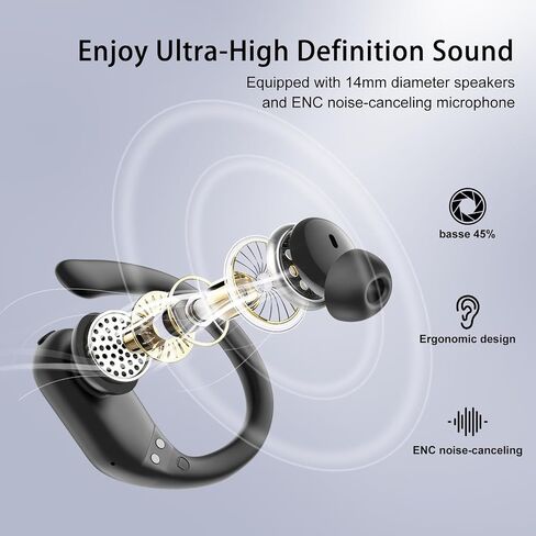 Wireless Earbuds, Sports Bluetooth 5.4 Headphones, Digital Display, Bass Sound 60Hrs Playtime, Over-Ear Hook with Mic, Fast Charging Digital Display IPX7 Waterproof Earphones for Running/Sports in Saudi Arabia
