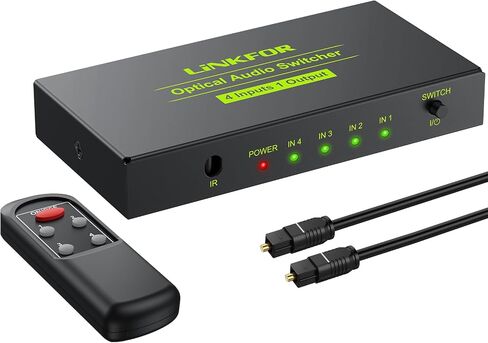 LiNKFOR Digital Toslink Optical 4x1 Switch with 3ft Optical Cable and IR Remote Control Aluminum Alloy Digital Audio SPDIF Toslink Optical Fiber Switcher 4 in 1 Out for PS3 Xbox Blue-Ray DVD HDTV in Kuwait