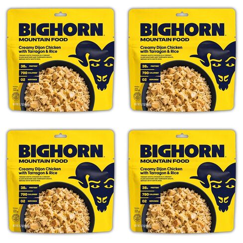 BIGHORN Mountain Food Creamy Dijon Chicken with Tarragon & Rice - contains 4 packs | 8 servings | 152g Protein | 3,160 Calories - premium freeze dried meals for backpacking food - dehydrated camping food for backpacking meals - ideal camping meals just ad in Saudi Arabia
