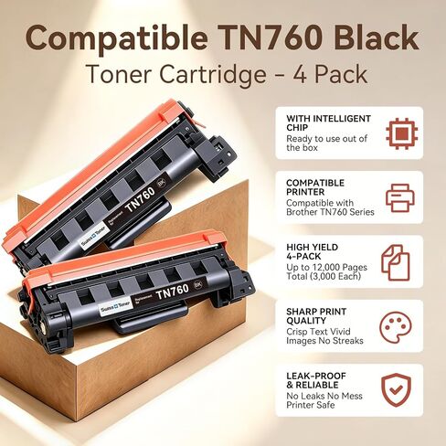 خرطوشة حبر بديلة TN760 TN-730/760 لـ Brother HL-L2350DW 4 عبوات in Kuwait