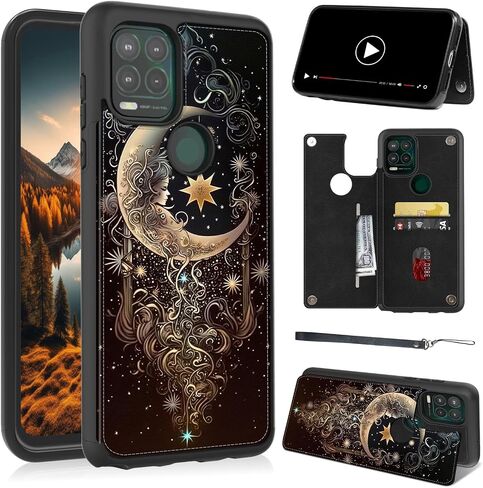 Wallet Case for Motorola Moto G Stylus 5G 2021 6.8", Moon Face Girl PU Leather Flip Cover with RFID Blocking Card Holder, Shockproof Stand Protective Case & Lanyard in Saudi Arabia