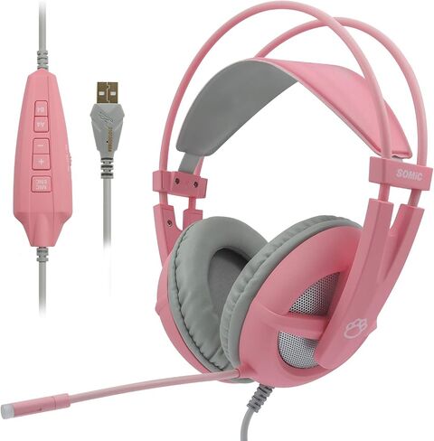 SOMIC G238 Gaming Headset 7.1 Surround Sound for PC, Laptop, Over Ear Wired Headphone with Mic, On Ear Volume Control, Pink in Saudi Arabia