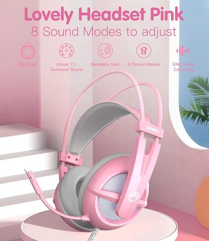 SOMIC G238 Gaming Headset 7.1 Surround Sound for PC, Laptop, Over Ear Wired Headphone with Mic, On Ear Volume Control, Pink in Saudi Arabia