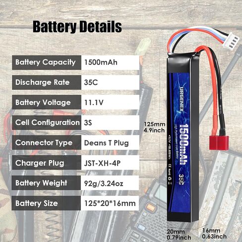 Airsoft Battery 11.1V 1500mAh Dean-Style T Plug 35C High Discharge Rate Lipo Pack Rechargeable 3S Lipo for Airsoft Model Guns in Saudi Arabia