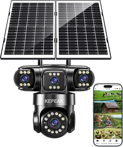KEPEAK 4G LTE Cellular Solar Security Camera Wireless Outdoor, 4 Lens No WiFi Solar Powered Camera, Color Night Vision, PIR Motion Sensor, 2 Way Talk, Built in SIM Card in Kuwait