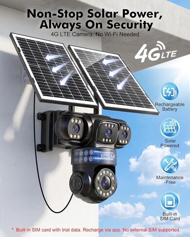 KEPEAK 4G LTE Cellular Solar Security Camera Wireless Outdoor, 4 Lens No WiFi Solar Powered Camera, Color Night Vision, PIR Motion Sensor, 2 Way Talk, Built in SIM Card in Kuwait