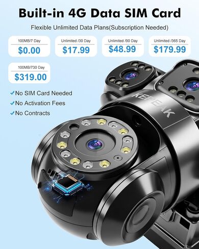 KEPEAK 4G LTE Cellular Solar Security Camera Wireless Outdoor, 4 Lens No WiFi Solar Powered Camera, Color Night Vision, PIR Motion Sensor, 2 Way Talk, Built in SIM Card in Kuwait