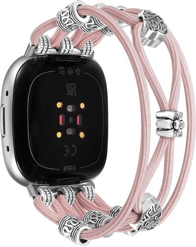 Newlibery Beaded Bracelet Compatible with Fitbit Versa 4/Versa 3/Sense 2/Sense Bands Women, Boho Soft Elastic Stretchy Nylon Braided Strap Fancy Dressy Charms Wristband for Fitbit Smartwatch, S in Saudi Arabia