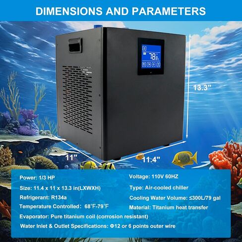 79 Gallon Aquarium Chiller, 1/3 HP Active Aqua Chiller for Axolotl, Fish Tank Chiller, Hydroponic Cooling System, Aquarium Cooler with LED Display, Pipe, Water Pump, Remote Control in Kuwait