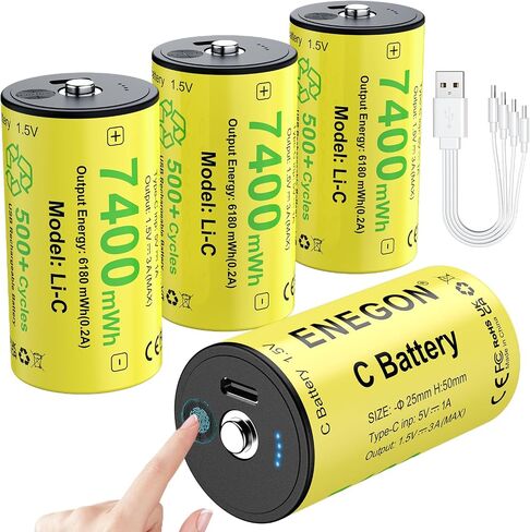 ENEGON Rechargeable Lithium C Batteries 4 Pack, 7400mWh 500+ Charge Cycles in Kuwait