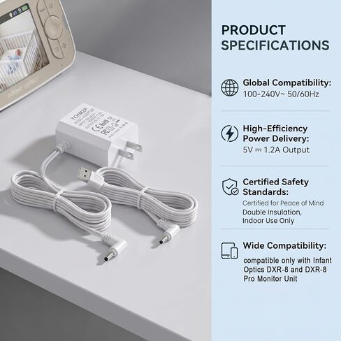 Power Charger Compatible with Infant Optics DXR8 Pro 5" DXR 8 3.2" Monitor Unit Power Cord(2019 Version or Later) Not Applicable to All Camera Units in Kuwait