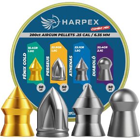 مزيج كومبو من حبيبات Harpex .25 Cal Airgun - 4 أنماط في علبة واحدة، Fenix ​​Gold، Athenas، Perseus، Diabolo - مصمم لتحقيق أقصى قدر من التأثير والاختراق العميق - 200 قطعة in Kuwait