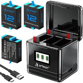 بطارية Artman Hero 12 لكاميرا GoPro Hero 12 11 10 9 باللون الأسود مع شاحن LCD in Kuwait