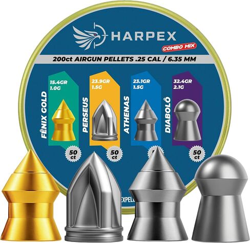 مزيج كومبو من حبيبات Harpex .25 Cal Airgun - 4 أنماط في علبة واحدة، Fenix ​​Gold، Athenas، Perseus، Diabolo - مصمم لتحقيق أقصى قدر من التأثير والاختراق العميق - 200 قطعة in Kuwait