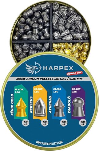 مزيج كومبو من حبيبات Harpex .25 Cal Airgun - 4 أنماط في علبة واحدة، Fenix ​​Gold، Athenas، Perseus، Diabolo - مصمم لتحقيق أقصى قدر من التأثير والاختراق العميق - 200 قطعة in Kuwait