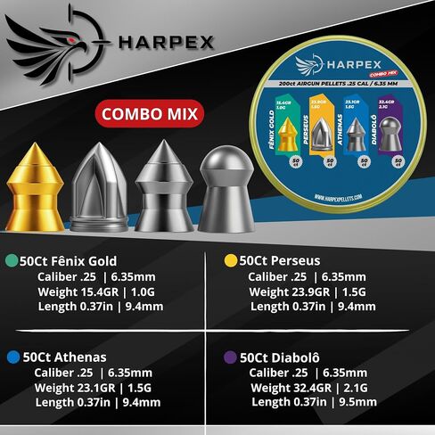 مزيج كومبو من حبيبات Harpex .25 Cal Airgun - 4 أنماط في علبة واحدة، Fenix ​​Gold، Athenas، Perseus، Diabolo - مصمم لتحقيق أقصى قدر من التأثير والاختراق العميق - 200 قطعة in Kuwait