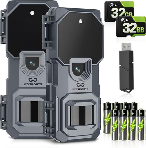 WOSPORTS 2 Pack Mini Trail Camera 1080P 32MP HD Game Camera with 32GB SD Card Wildlife Cameras with Night Vision Motion Activated Waterproof with 4AA Batteries & Card Reader in Saudi Arabia