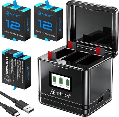 بطارية Artman Hero 12 لكاميرا GoPro Hero 12 11 10 9 باللون الأسود مع شاحن LCD in Kuwait