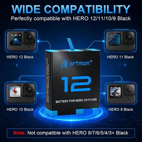 بطارية Artman Hero 12 لكاميرا GoPro Hero 12 11 10 9 باللون الأسود مع شاحن LCD in Kuwait