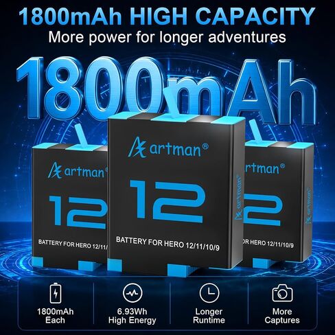 بطارية Artman Hero 12 لكاميرا GoPro Hero 12 11 10 9 باللون الأسود مع شاحن LCD in Kuwait