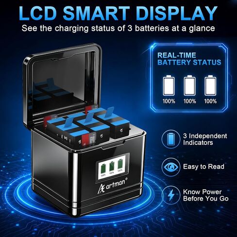 بطارية Artman Hero 12 لكاميرا GoPro Hero 12 11 10 9 باللون الأسود مع شاحن LCD in Kuwait