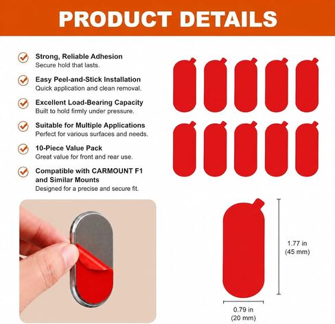 Adhesive Pads for Car Dashboard Mounts – Compatible with CARMOUNT F1 and Universal Holders, 10 Pieces (1.75 × 0.77 in), Adhesive Only in Saudi Arabia