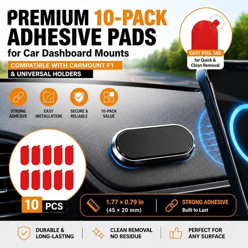 Adhesive Pads for Car Dashboard Mounts – Compatible with CARMOUNT F1 and Universal Holders, 10 Pieces (1.75 × 0.77 in), Adhesive Only in Saudi Arabia